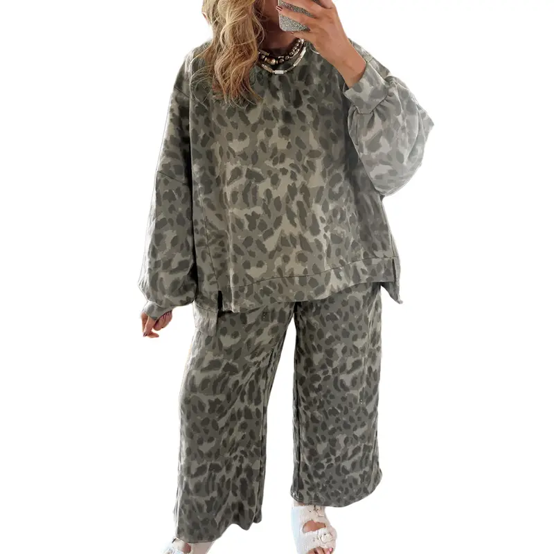 Znacicc Trendy Leopard Print Lounge Set for Women Cozy Pullover and Pants with Raw Edge Details and Drawstring Waist