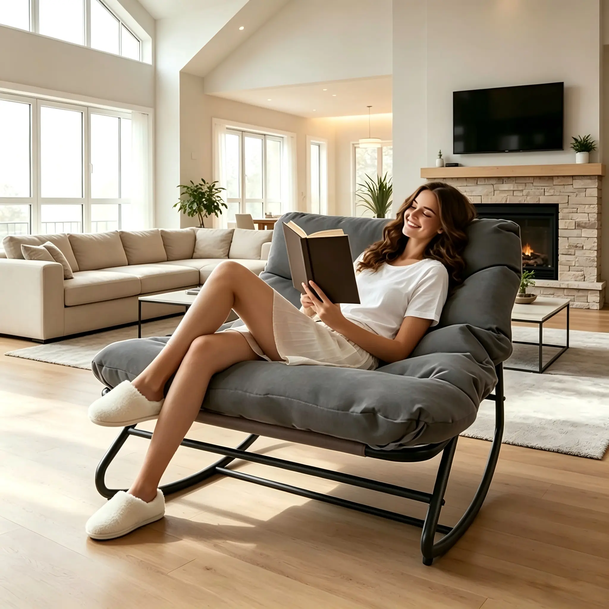 Single Person Oversized Reclining Rocking Glider Chair, Thick Plush Cushion with Machine Washable Zipper Cover, All Steel Anti-Slip Rocker Chair for Living Room Bedroom Apartment Covered Patio comfy reading cozy lounging