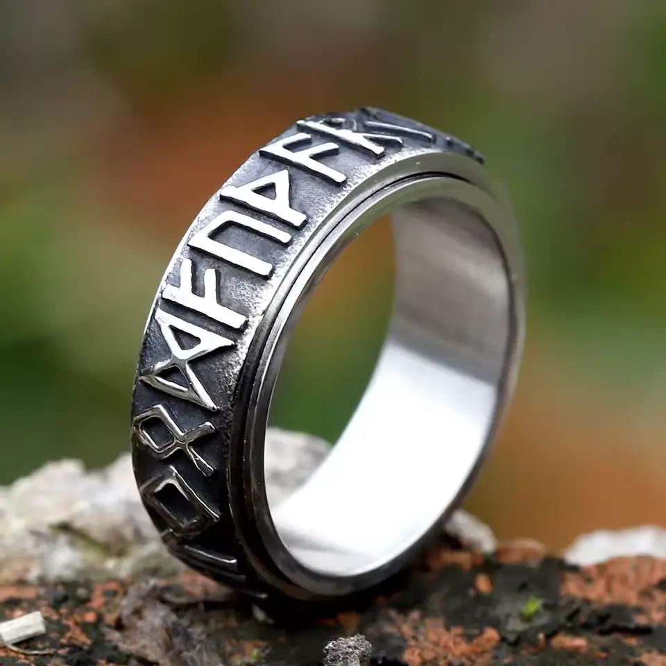 Vintage Viking Rune Ring, 316L Stainless Steel Odin Nordic Amulet Jewelry for Men and Women