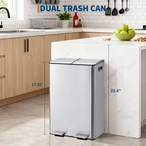 Garvee 16 Gallon Dual Compartment Trash Can 60L Stainless Steel Recycling Bin Combo With Soft Close Lid Step Pedal And 2 Removable Inner Buckets