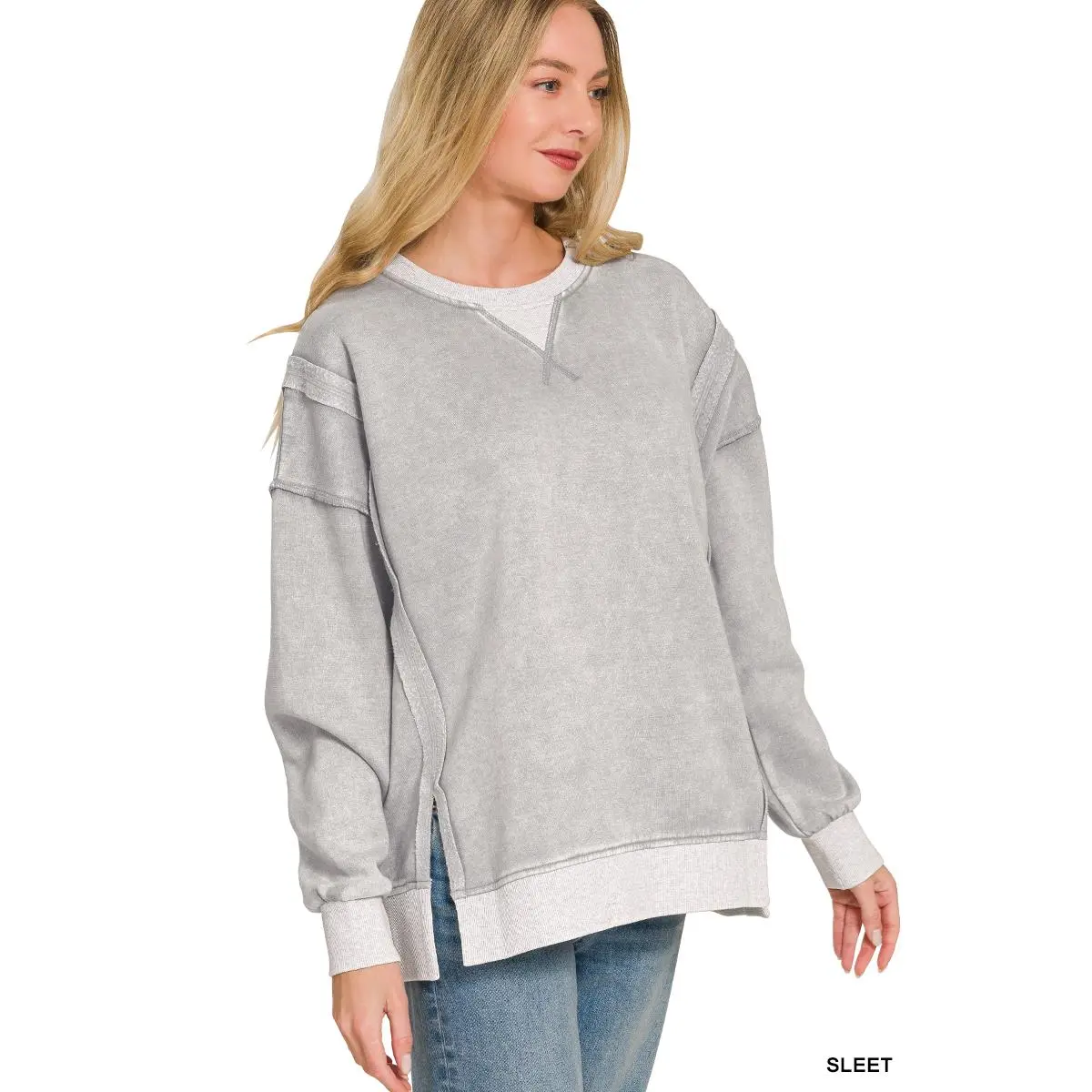 Zenana Fleece Acid Washed Contrast Trim Pullover