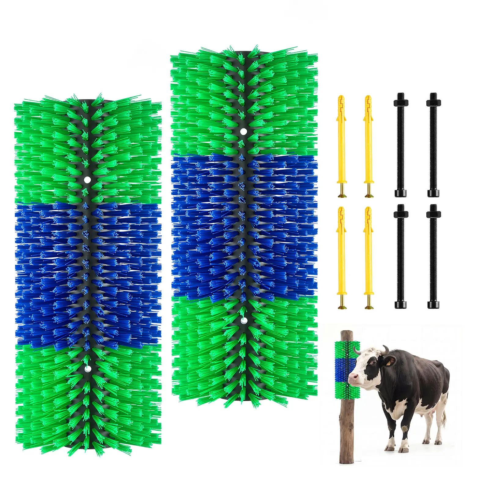 【SummerFinds】VEVOR Livestock Scratching Brush, 2PCS Goat Scratcher Brush Post with 8 Screws, 16.9" x 7.5" Cow Scratcher for Back Itch Relief, Massage Grooming Scratch Tool for Horse Cattle Sheep Pig, Green & Blue, Horse-Safe Brushes