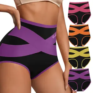 QUASTI 4 Pack Women's High Waist Crossover Color Block Briefs, Skin-Friendly Tummy Control Hip Lifting Shaping Underwear, Breathable Soft Daily Wear Comfort Confidence Panties S-XXL