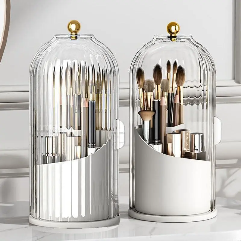 360° Rotating Cosmetic Brush Storage Basket, Makeup Brush Holder Organizer with Clear Dustproof Lid, Multi-grid Countertop Makeup Storage Box, Tooth Brush Toothpaste Holder, Desktop Makeup Organizer for Vanity Dresser Bathroom & Office, Beauty Organiser