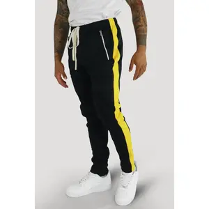 Premium Side Stripe Zip Pocket Track Pants (Black - Yellow)