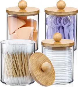 4 Pack Qtip Holder Dispenser with Bamboo Lids Bottles Cover