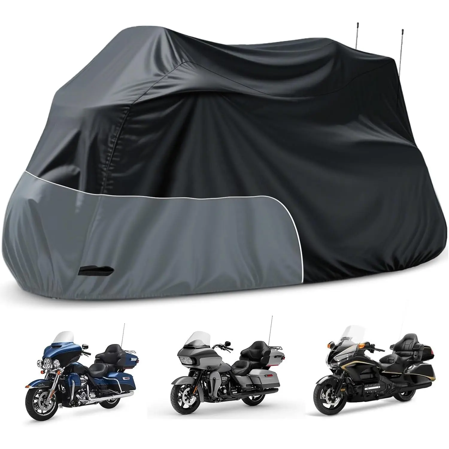 Motorcycle Cover Heavy Duty Waterproof, for Motorcycle with Side+Top Box, Compatible with Harley Davidson Ultra Ltd, Road Glide Ltd, Honda Goldwing, BMW, Indian Motorcycle Accessories, Black/Grey