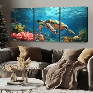 2D flat painting, 2D flat painting, 3-piece wooden framed canvas set, underwater turtle design, very suitable for fantasy-themed decoration. This modern artwork is an excellent gift for friends and family, suitable for home and room wall art