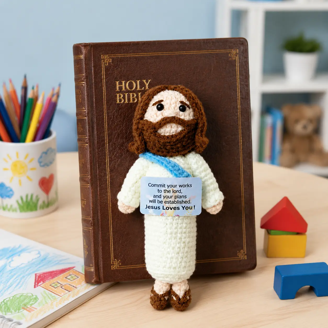 Handmade Crochet Jesus Doll - Christian Plush Figurine with Bible Verse Card,Graduation gift,Home Decor Collectible Ornament, Friendship & Minimalist Standing Christmas Gift # graduation idea choice festive party happy birthday card xmas countdown event