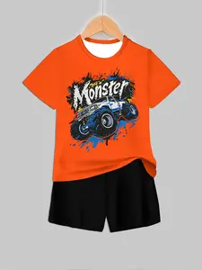 Monster Truck Print Short Sleeve Shorts Set, Cool Trendy Kids Clothing, Fashionable Summer