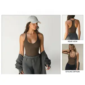 Women's Ribbed V-Neck Yoga Tank Top - Flattering Racerback Slim Fit Workout Cami - Padded Seamless Crop Top for Gym Pilates & Athleisure - Breathable Stretchy Ultra-Flattering