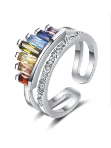 Ladies' Rainbow Baguette Cut Stone Open Ring - Plated Double-Layer Stackable Adjustable Promise Ring with Multicolored Artificial Zirconia, a Pride Jewelry Gift Choice