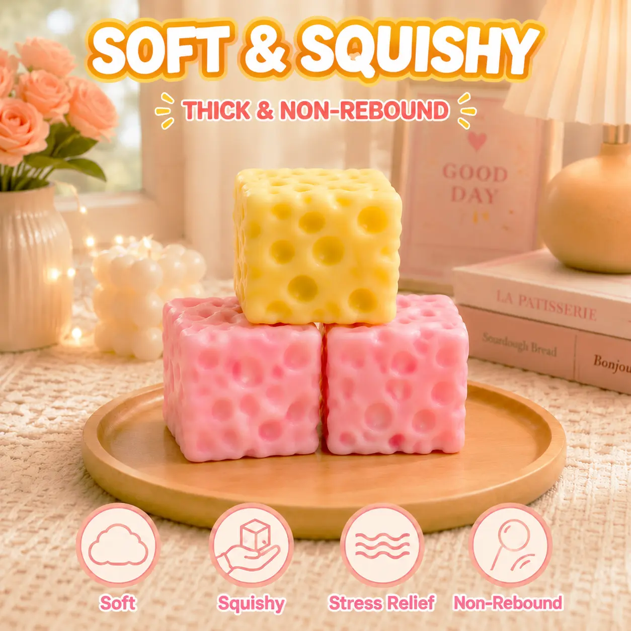 Giant Plush Cheese Block Fidget Toy, Soft Squishy Stress Ball for ASMR Sensory Play, Anxiety Relief and Stress Reduction, Slow Rising Relaxing Toy for Teens Adults, Cute Birthday Gift, Fun Desk Decoration, Home Decor, Party Favor, Comfort Toy
