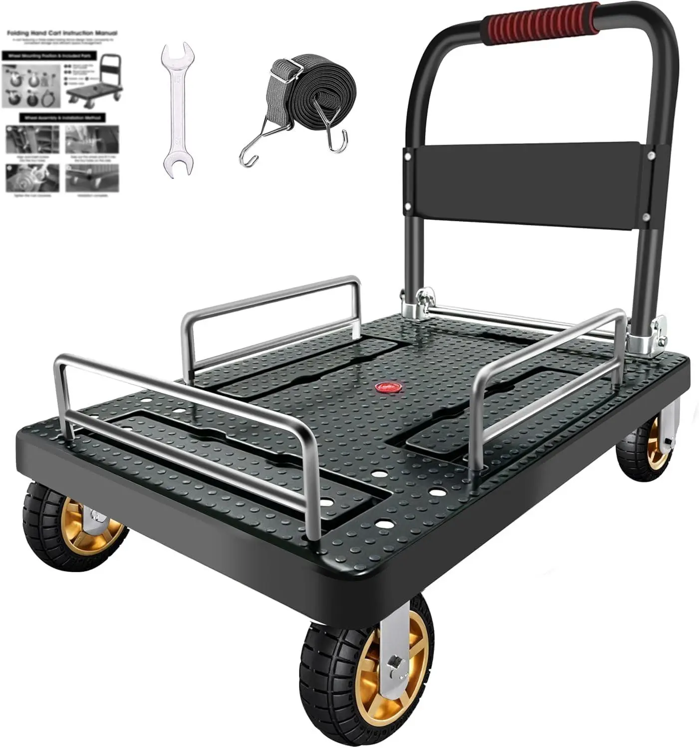 Folding Hand Truck, 1300 LBS Moving Dolly, with Guard Rails, Black | Heavy-Duty Moving Dolly with 4 Wheels, Adjustable Handle, Easy Storage, Ideal for Garage Hauling, Shopping, Office Transport