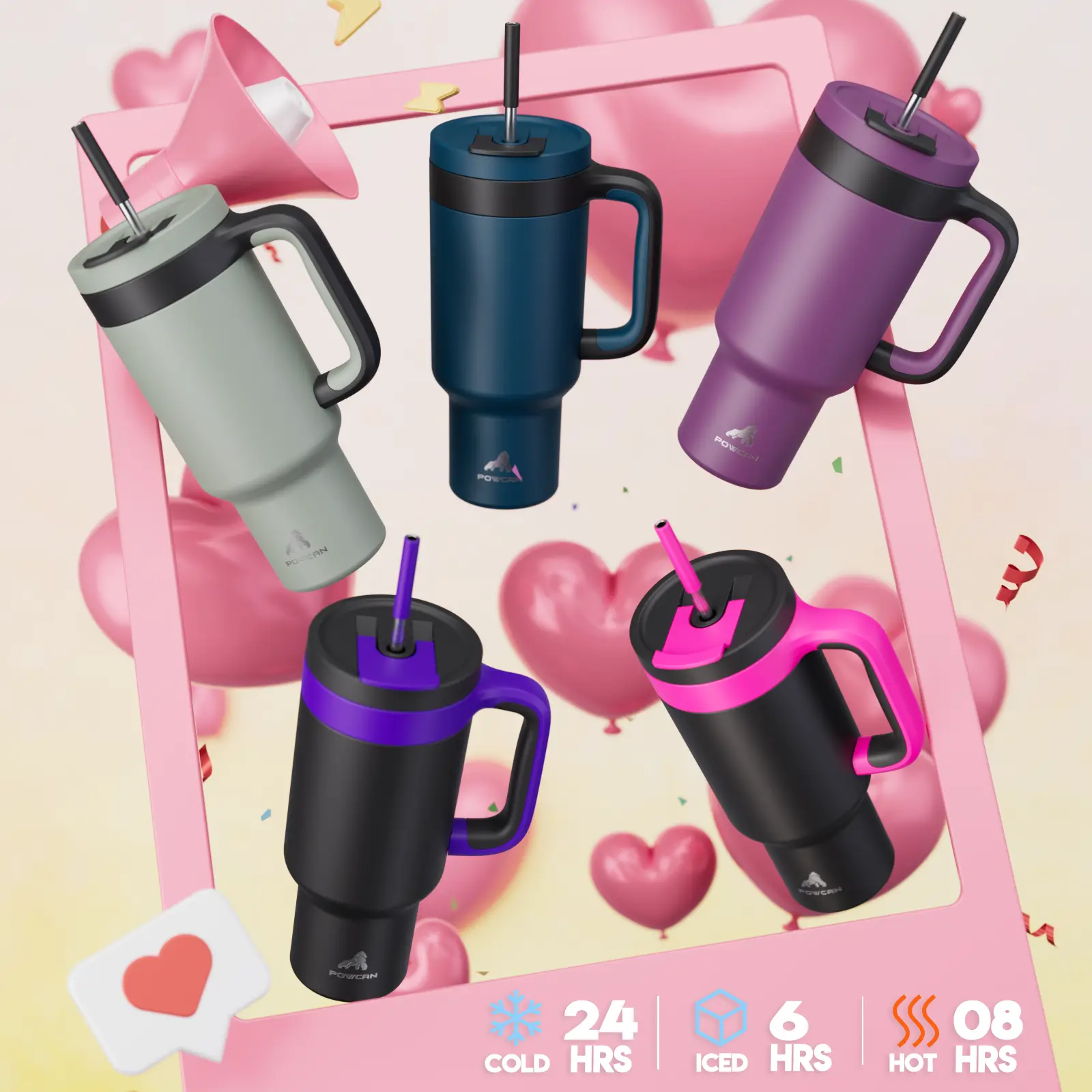 【POWCAN Valentine's Day】Stainless Steel Vacuum Insulated Cup With Straw And Lid, Reusable Straw Double-Layer Insulation For Long-Lasting Heat Preserva