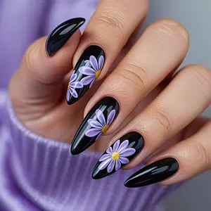 Flower Long Nail Art Stickers, Almond Nail Shape, Spring Summer Elegant Design, Glossy Finish, Easy Wear & Remove, Perfect for Daily Use, Parties, Vacation, Stylish Nail Art, Flower Design Nails