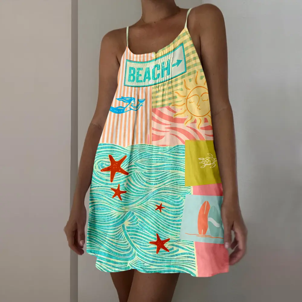 Women's Casual Retro Pop Collage Print Mini Dress - Light, Loose, Geometric-Ocean Cartoon Patterns, Flat Design, Sweet Cute Comfy Beach Holiday Summer Vacation Clothing, Shorts-Inclusive Style