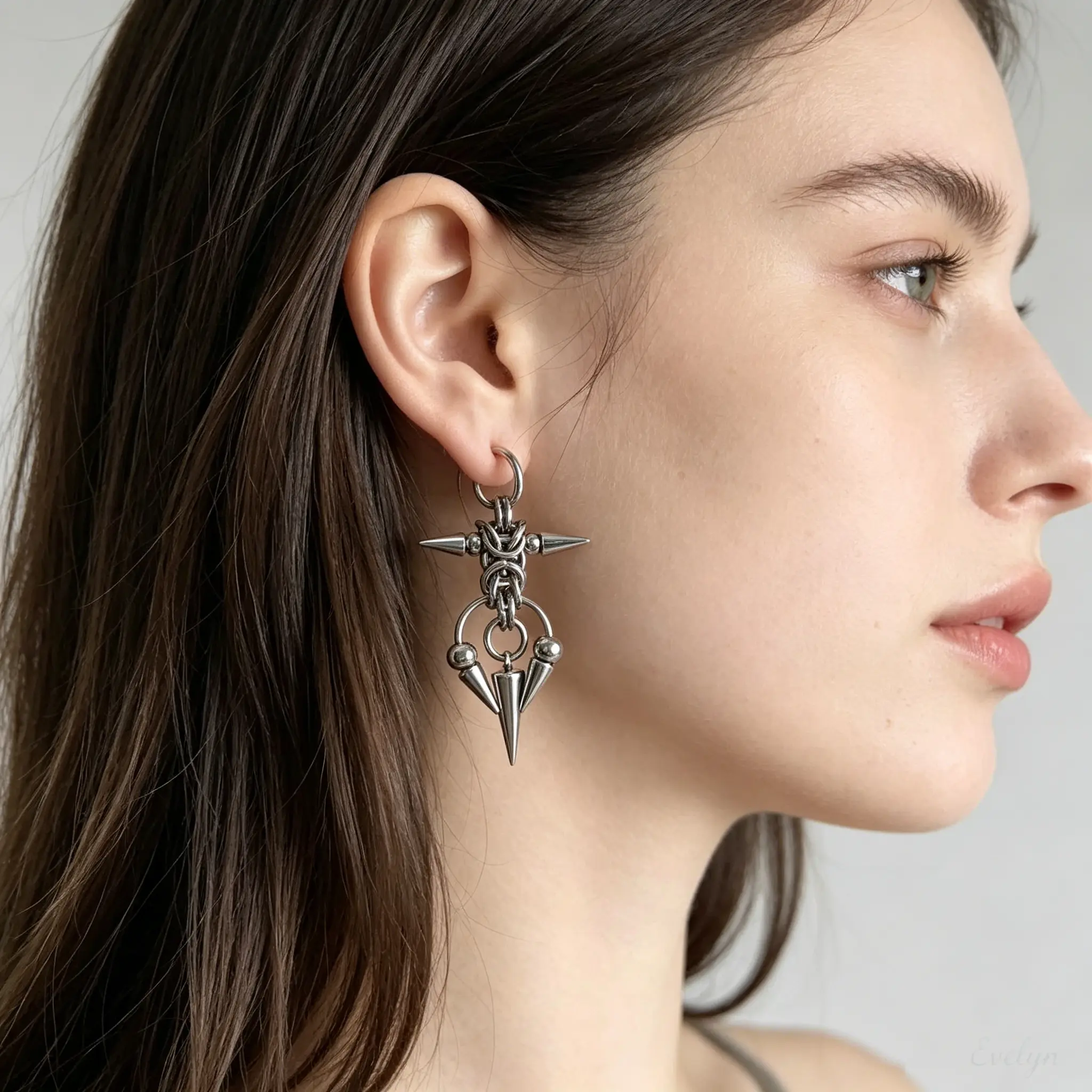 Unisex Multi Interlink Spike Cross Dangle Hoop Earring, Polished Stainless Steel Cone Stud Chain Drop Clicker Huggie, Gothic Punk Statement Piercing Jewelry for Alt Men Women Street Styling