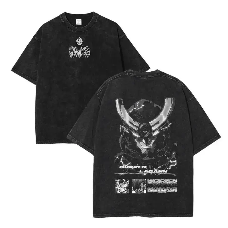 Gurren Lagann Oversized Washed T-Shirt, Heavyweight Cotton Kamina Simon & Mecha Drill Core Graphic, Retro Y2K Anime Streetwear Loose Fit Breathable Pre-Washed Fabric Crew Neck Premium Print Limited Edition Drop