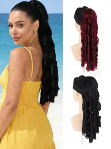 20 Inch Black & Burgundy Drawstring Ponytail Wig, Classic Retro Roman Fluffy Wavy Ponytail, Heat Resistant Synthetic Fiber Women Ponytail，Deep Wave Curly Ponytail Hair Extensions With Drawstring Clip