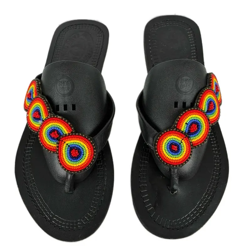 Colorful Beaded Black Sandals with Rainbow Circular Designs and Black Sole