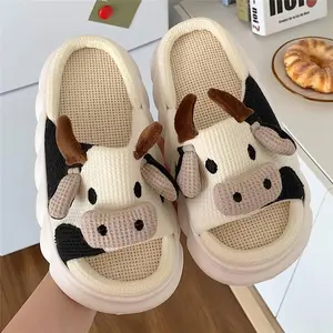Women's Open Toe Indoor Slippers, Handmade PVC Thick Sole Four Seasons Slippers, Cute Cartoon Cow Linen Slippers