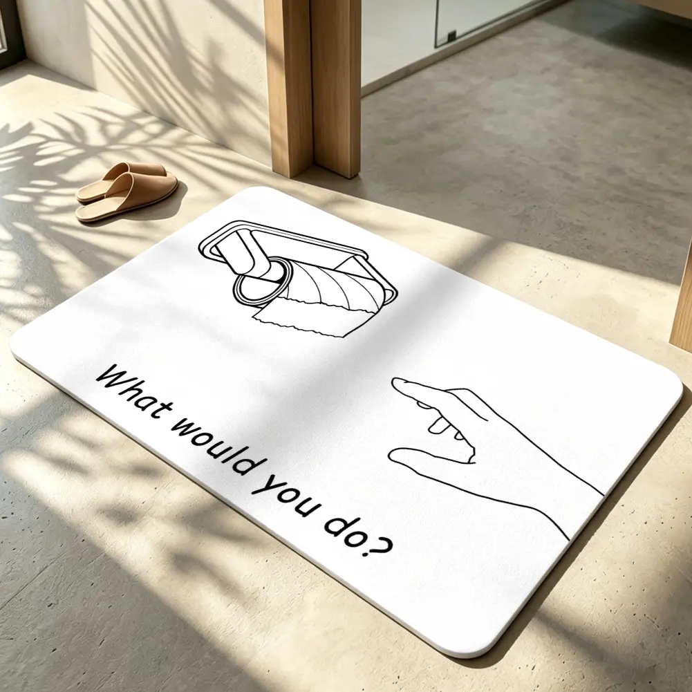 Interesting toilet paper roll pattern with stretching human hand graphic, clean hand drawn line art design door mat, creative novelty anti slip decorative floor rug indoor outdoor home entrance