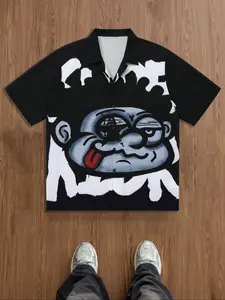 Men's Regular Fit Cartoon Face Print Short Sleeve Fitted Shirt, Casual Street Fashion Comfy Top for Summer, Men's Clothes for Daily Wear, Gamis