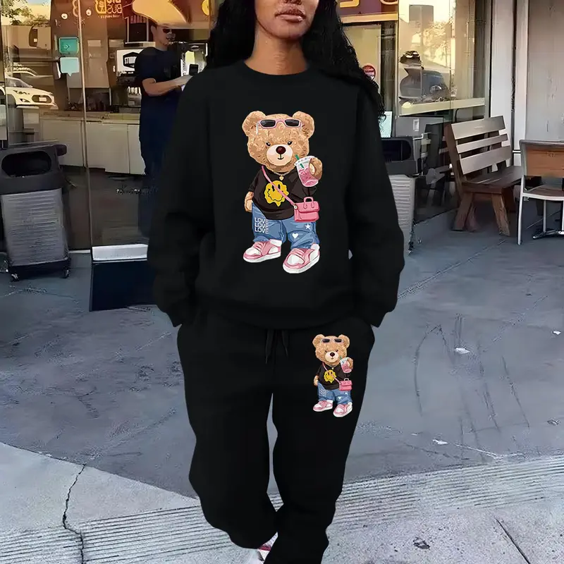 Women's Cartoon Print Drop Shoulder Sweatshirt & Drawstring Waist Pants Two-piece Set, Casual Fashion Cozy Round Neck Long Sleeve Pullover & Pocket Trousers for Daily Wear, Ladies Fall & Winter Clothes