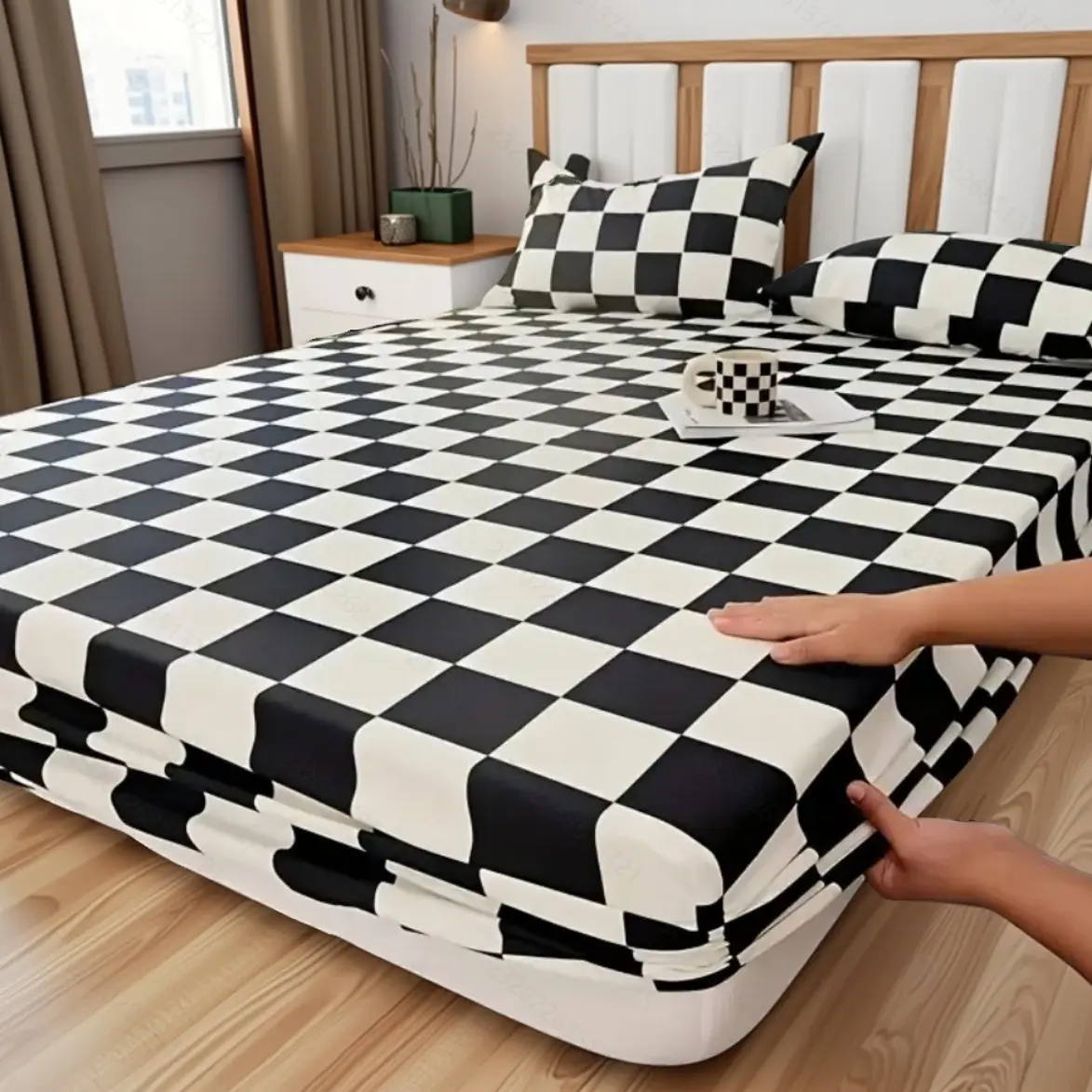Modern Simple Chessboard Geometric Bedding Set, Bedsheets Set, 3 Piece Includes Fitted Sheet & Pillowcases, Non-Slip, Easy to Remove, Durable, Decorative Bedsheet Sets, Bed Linens