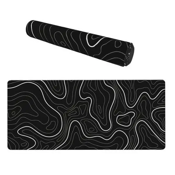 Topographic Gaming Mouse Pad - Large Extended Desk Mat for Gamers-Offices, Non-Slip Rubber Base, Stitched Edges, Washable Keyboard-Mouse Pad, Black/White