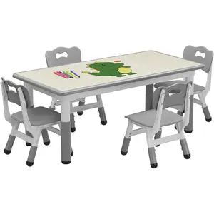 Kids Table and 4 Chairs Set, Height Adjustable Toddler Table and Chair Set for Ages 2-10, Graffiti Desktop, Non-Slip Legs, Children Table and Chair Set for Daycare Classroom Home, Grey Round Study Design Wood