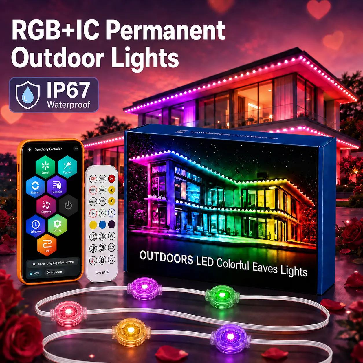 Permanent RGB-IC Strip Lights, IP67 Waterproof Outdoor Eave Roofline Soffit Lights with Remote/App Ctrl, Smart Color Changing Home Improvement Decor for Christmas Holidays