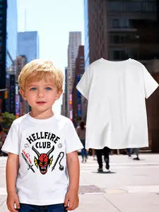 Multi-color options, trendy and childlike style "Hellfire Club" boys' T-shirt - featuring a unique devil pattern print, classic elements, full of street style, and super eye-catching for daily wear, Game Graphic Tee