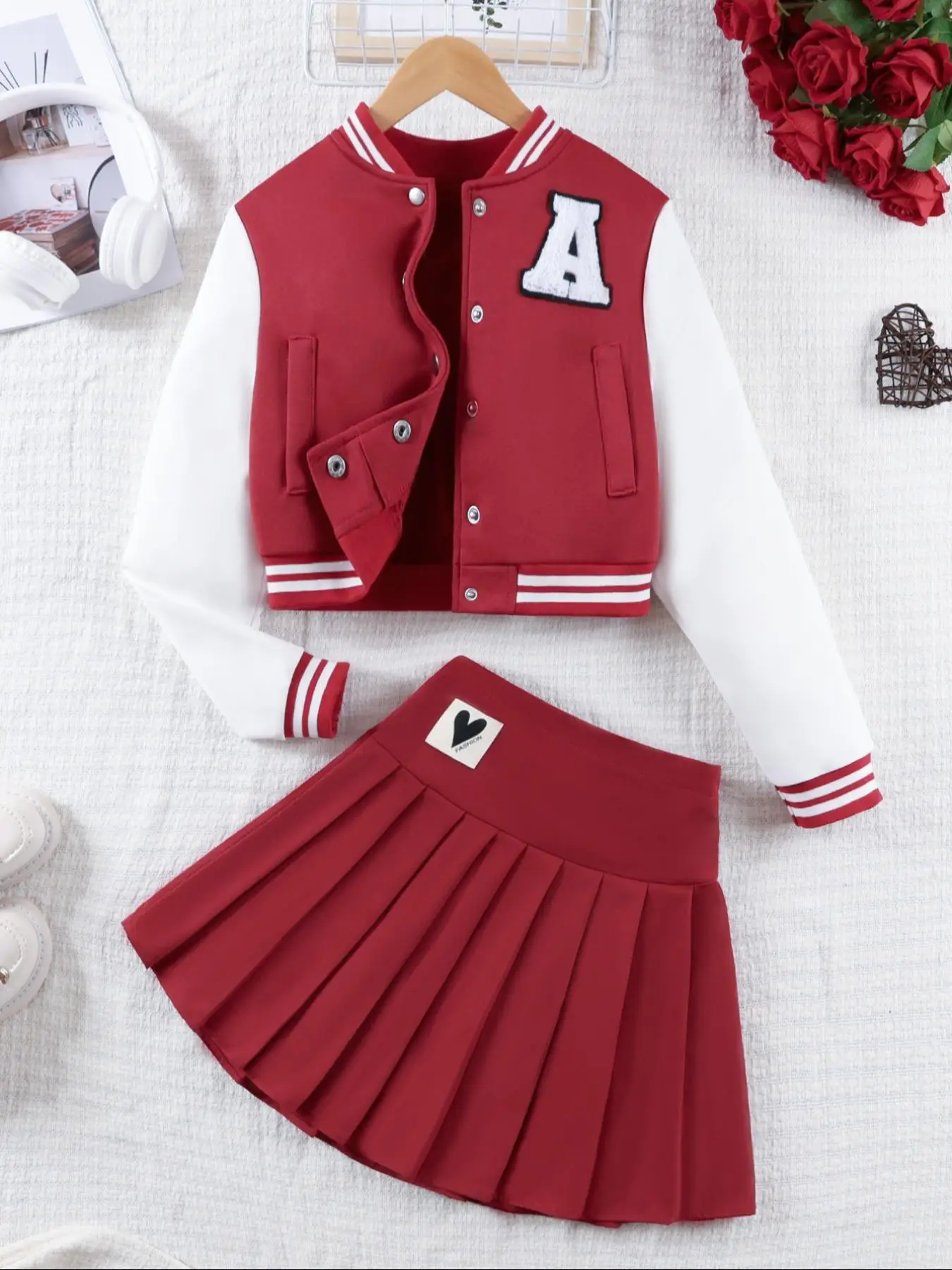 Girl's Colorblock Long Sleeve Jacket & Pleated Skirt Two-piece Set, Casual Fashion Baseball Collar Outerwear & Skirt for Daily Outdoor Wear, Kids Clo