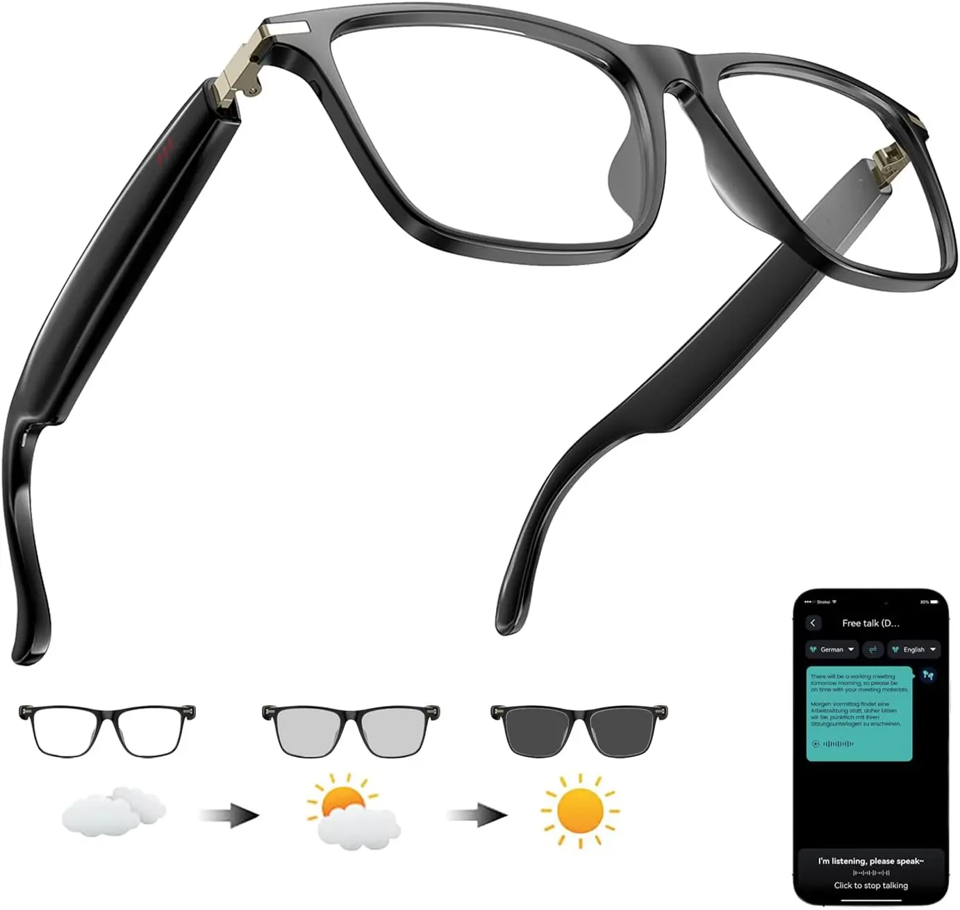 Waterproof Wearable AI Translation Smart Glasses - Magnetic, Durable, 160+ Language Support, Open-Ear Bluetooth Audio with Mic & Speakers, Music & Phone Call Capability, 6h Playtime, Hands-Free Eyewear for Travel & Business, Call Function