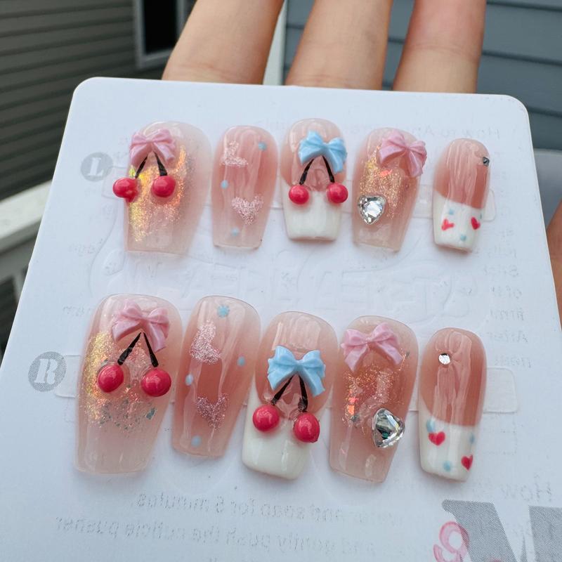 Sweet Cherry Blossom - 3D Bow & Cherry Press-On Nails | Short Square Design | 10PCS Handmade Glossy Nails with 3D Charms & Pastel Bows for a Kawaii Look