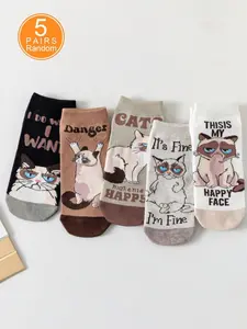 5 Pairs Women's Ankle Socks, Cute Cartoon Cat Pattern, Non-Slip, Soft and Breathable, Daily Wear, Campus Sports Socks