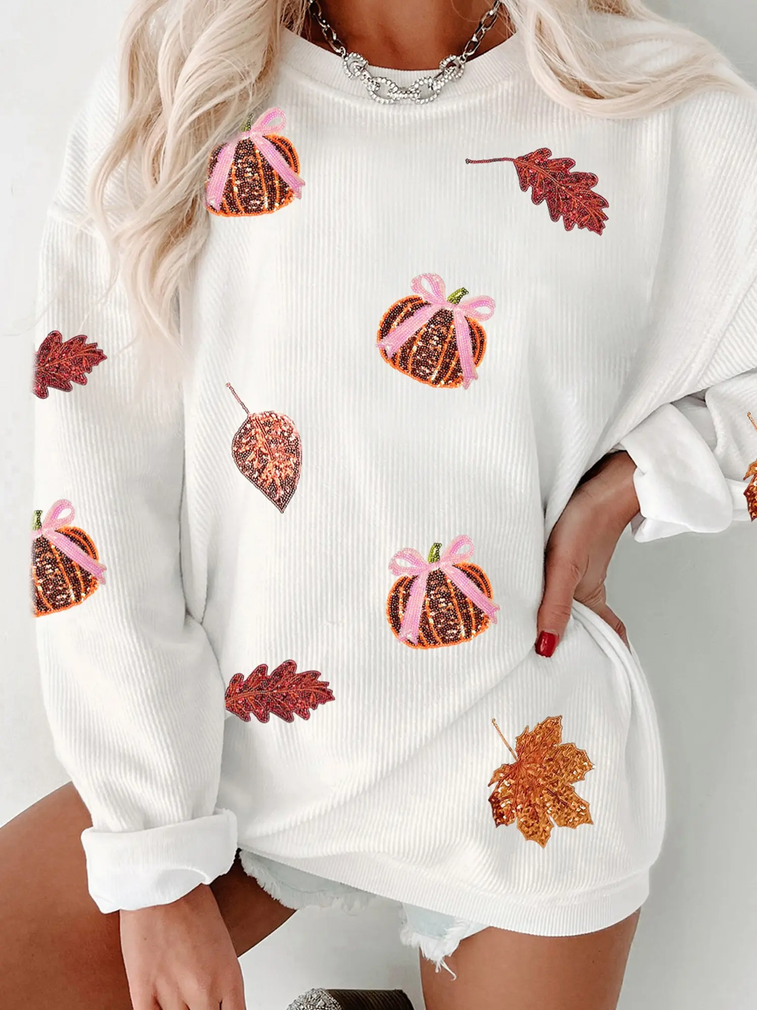Phefee Women's Pink Bow Sequin Pumpkin Sweatshirt Corded Ribbed Oversized Fall Graphic Pullover Sweater for Thanksgiving Hoodie Tops Womenswear Long Sleeve Crewneck Pieces sohochic