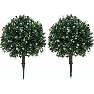 Artificial Boxwood Topiary Ball with White Flowers Set of 2, 24" Faux Greenery Shrub with Ground Spike, UV Resistant Fake Bush for Front Porch Garden Outdoor Planters
