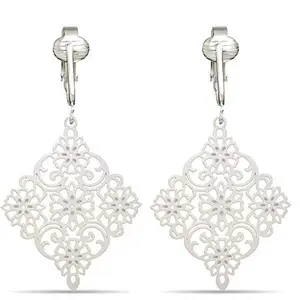 Diamond Shaped Filigree Drop Clip On Dangling Earrings