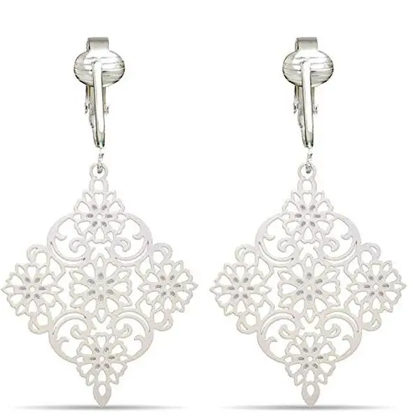 Diamond Shaped Filigree Drop Clip On Dangling Earrings