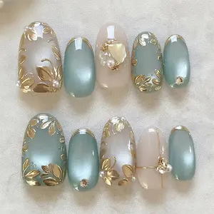 Golden Leaf Cat Eye Almond Nails | Metallic Edge Design | 30-Pack Press-Ons