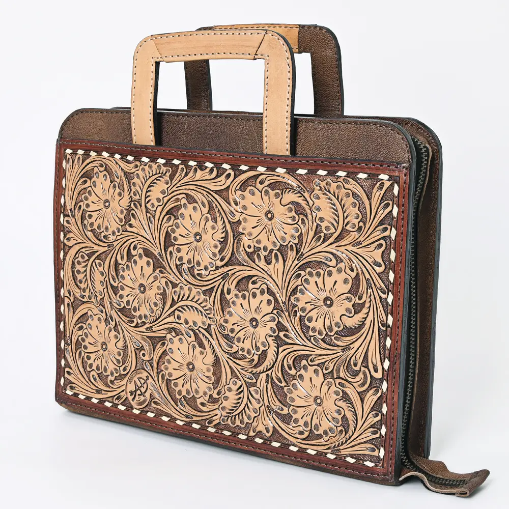 American Darling Western Briefcase Bag Hand Tooled Floral Carved Genuine Leather Office Organizer 10.5in (H) X 13in (W) X 1.5in (D)