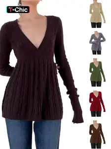 Women's Y2K Vintage Sweater, Soft Long Sleeve V-neck High Waist Knitwear for Women