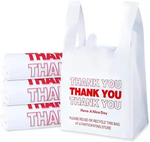 300-Count Recyclable Plastic Thank You Bags with Handles – 11"x 6"x 21" T-Shirt Bags for Grocery, Shopping & Small Business Use – White