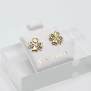 14K Gold 4 Leaf Clover Stud Earrings with CZ Stones Elegant Jewelry for Women
