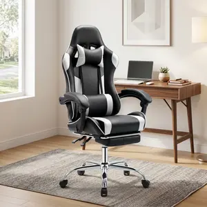 Ergonomic Racing Gaming Chair with Lumbar Support & Footrest, PU Leather High Back Lounge Chair, Adjustable Headrest, Fixed Armrests, 360° Rotation & Height Adjustment, Stylish Black Blue Office Chair for Gaming Setup Recording Studio Home Use