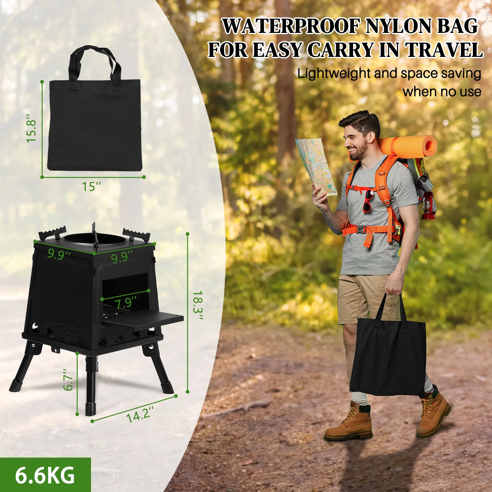 Portable Wood Camping Stove 36x36x46.5cm Stainless Steel Heavy Duty Outdoor Cooking Survival Gear