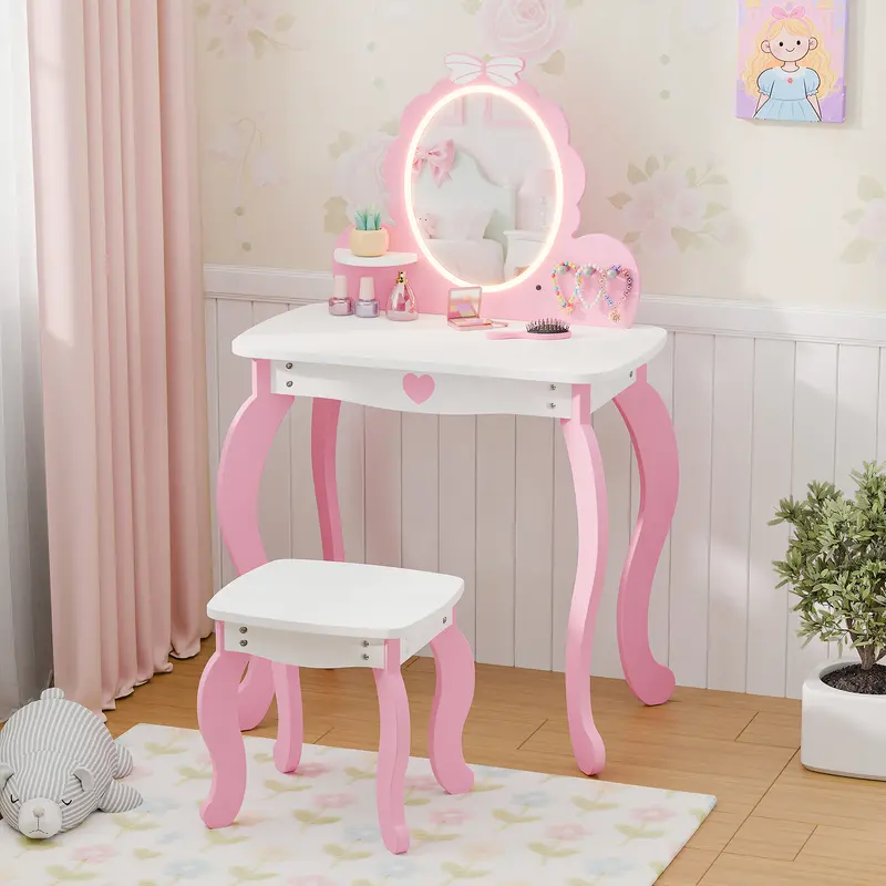 Topwin Kids Vanity Set - Indoor Princess Dressing Table with LED Mirror, Kid-Safe Corners, Stool & Playroom Tools, Pink Toddler Girl Furniture for Birthdays